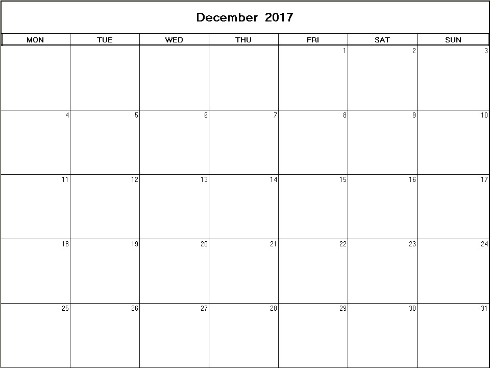 printable blank calendar image for December 2017