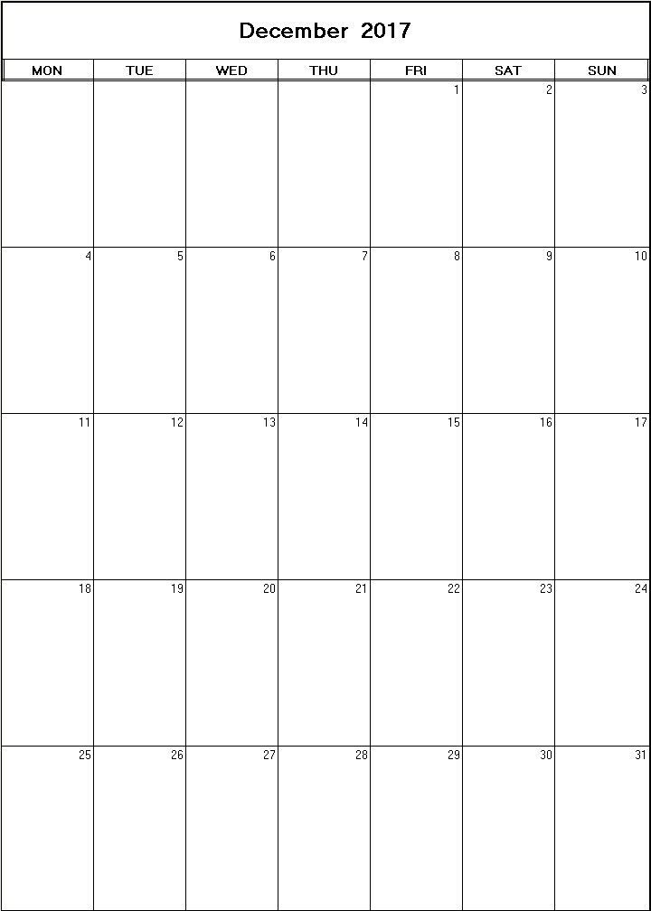 printable blank calendar image for December 2017