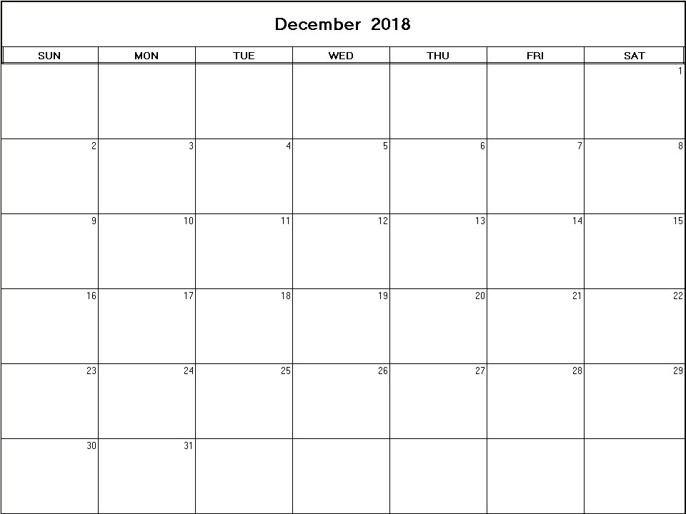 printable blank calendar image for December 2018