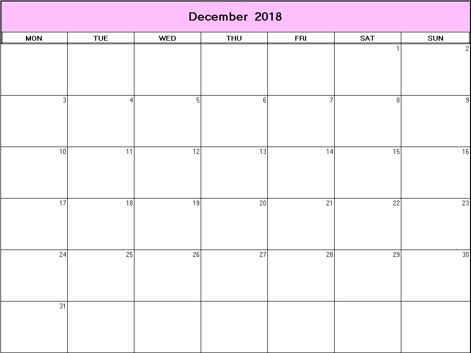 printable blank calendar image for December 2018