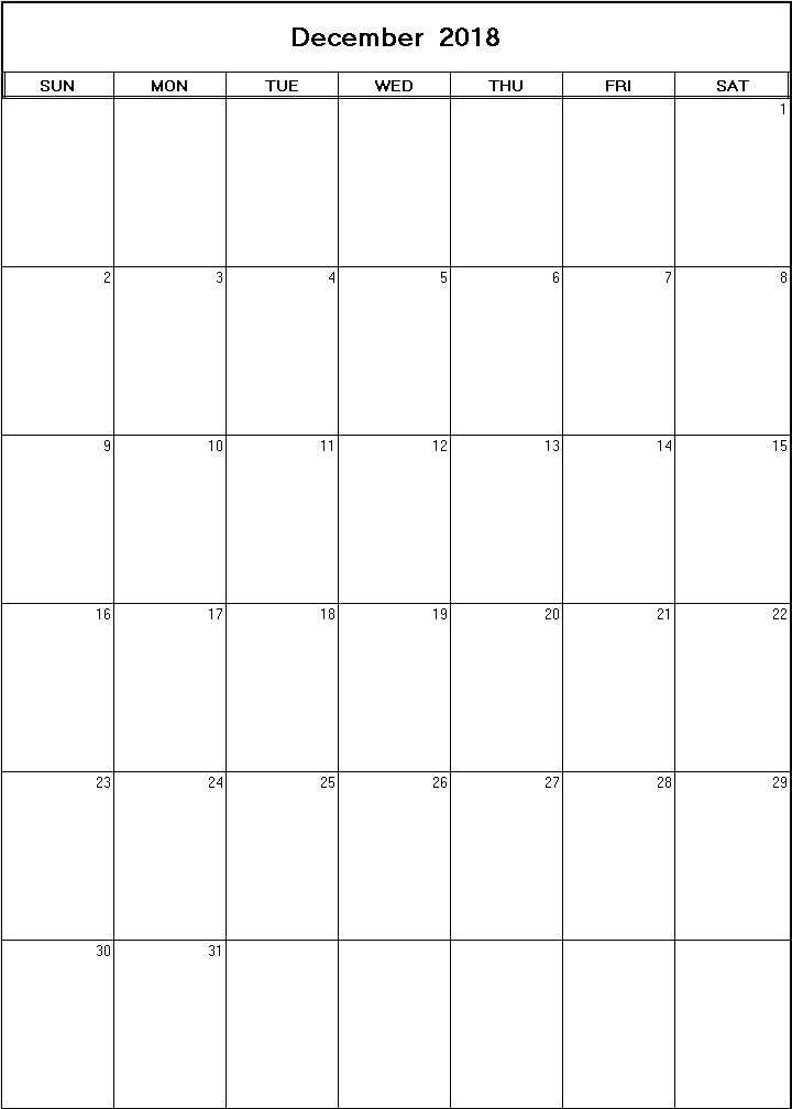 printable blank calendar image for December 2018