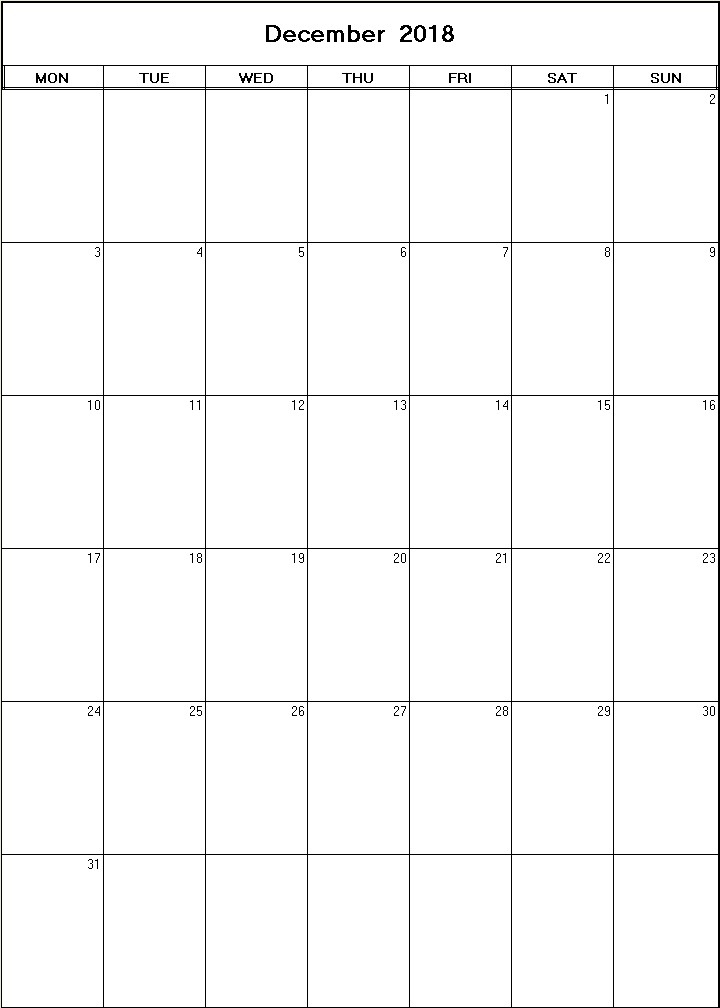 printable blank calendar image for December 2018