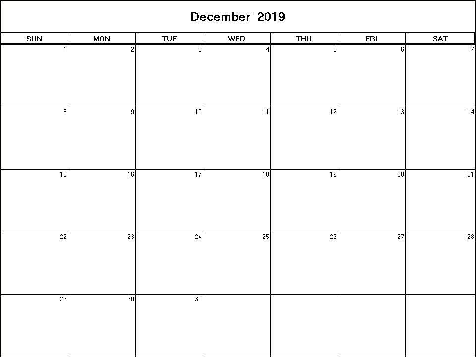 printable blank calendar image for December 2019