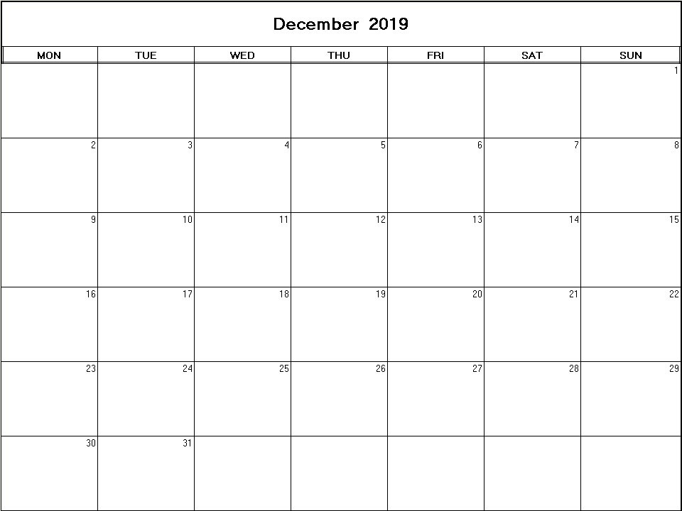 printable blank calendar image for December 2019