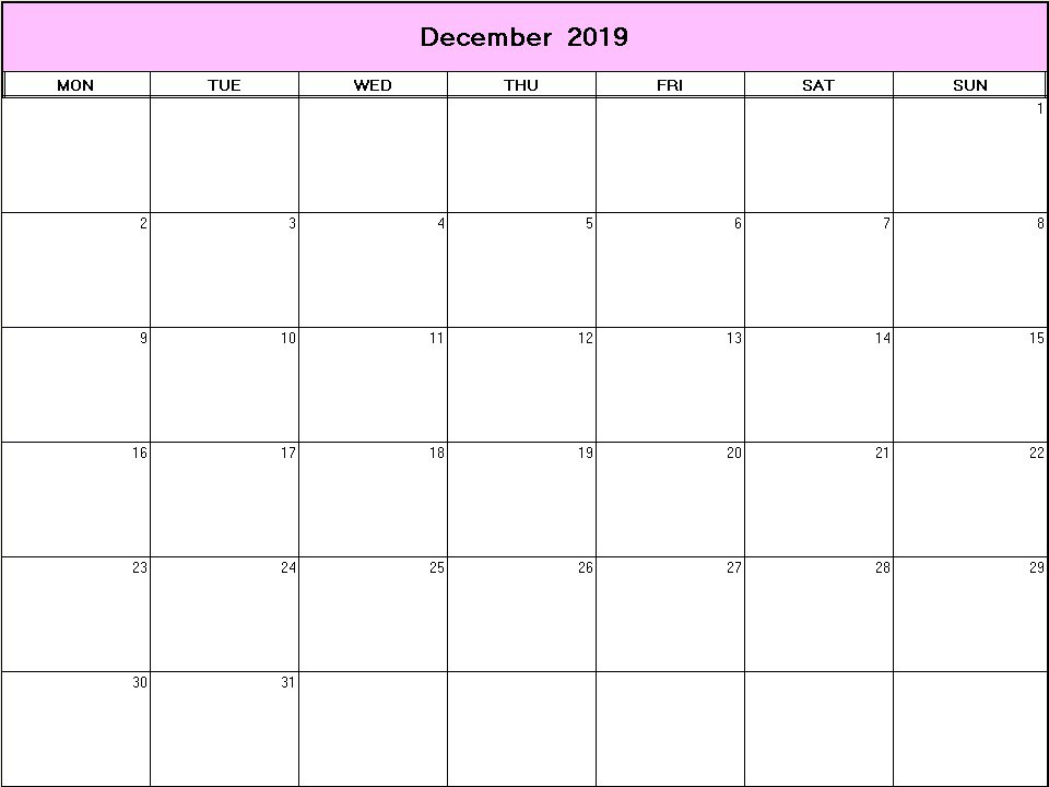 printable blank calendar image for December 2019