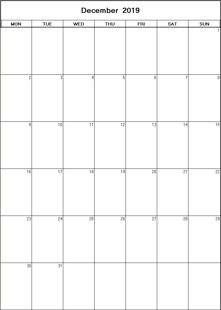 printable blank calendar image for December 2019