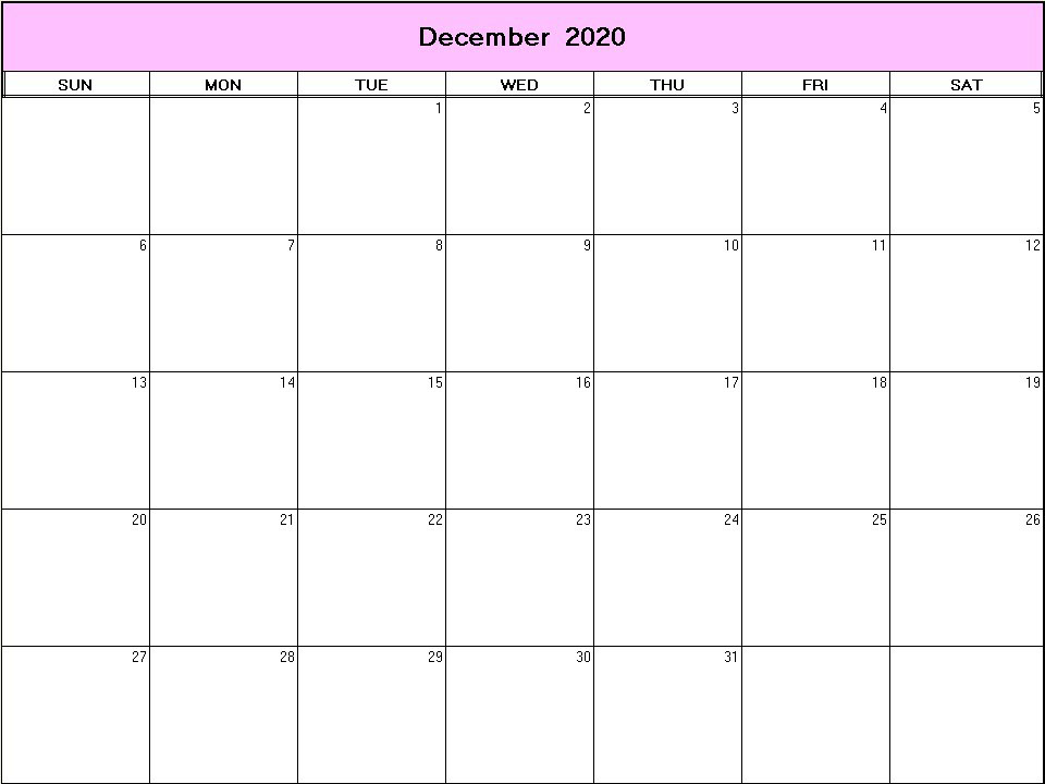 printable blank calendar image for December 2020
