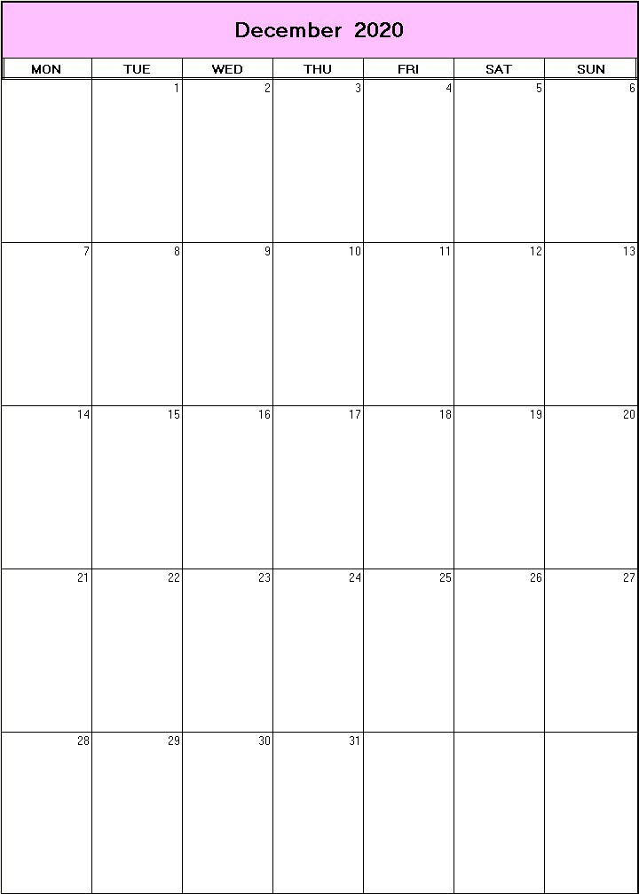 printable blank calendar image for December 2020