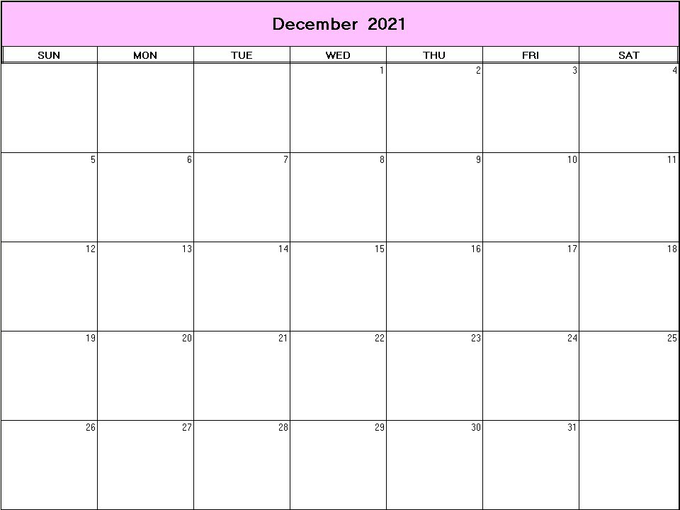 printable blank calendar image for December 2021