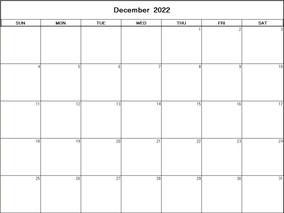 printable blank calendar image for December 2022