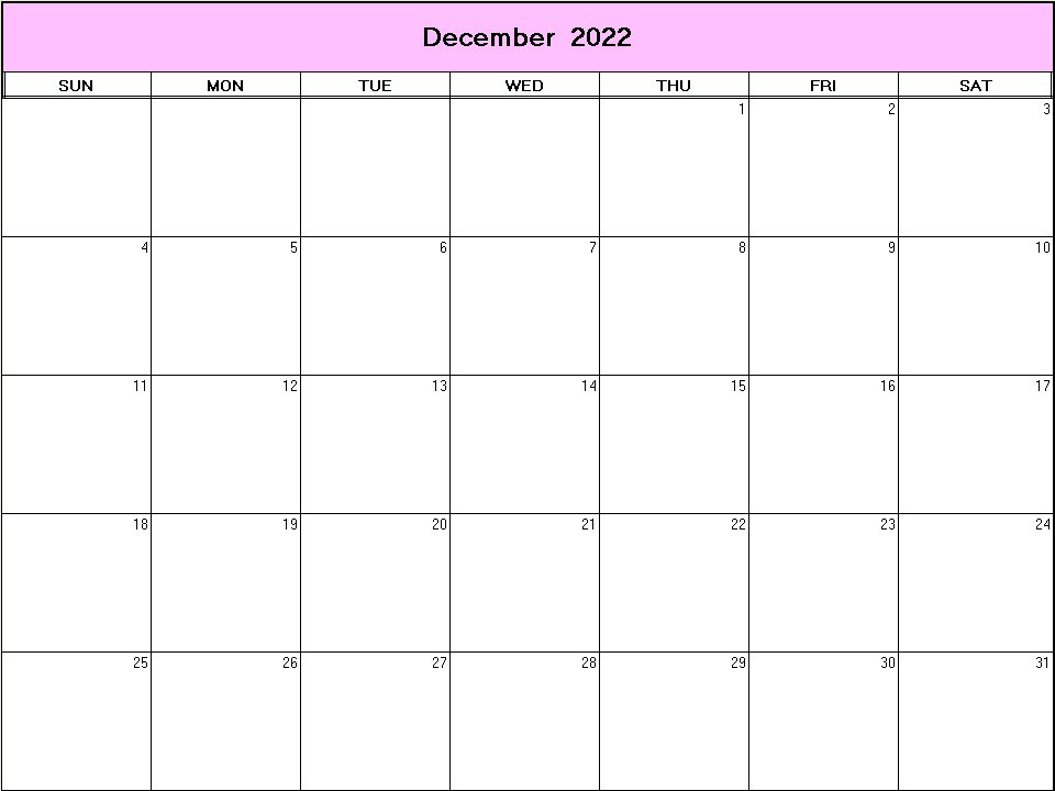 printable blank calendar image for December 2022