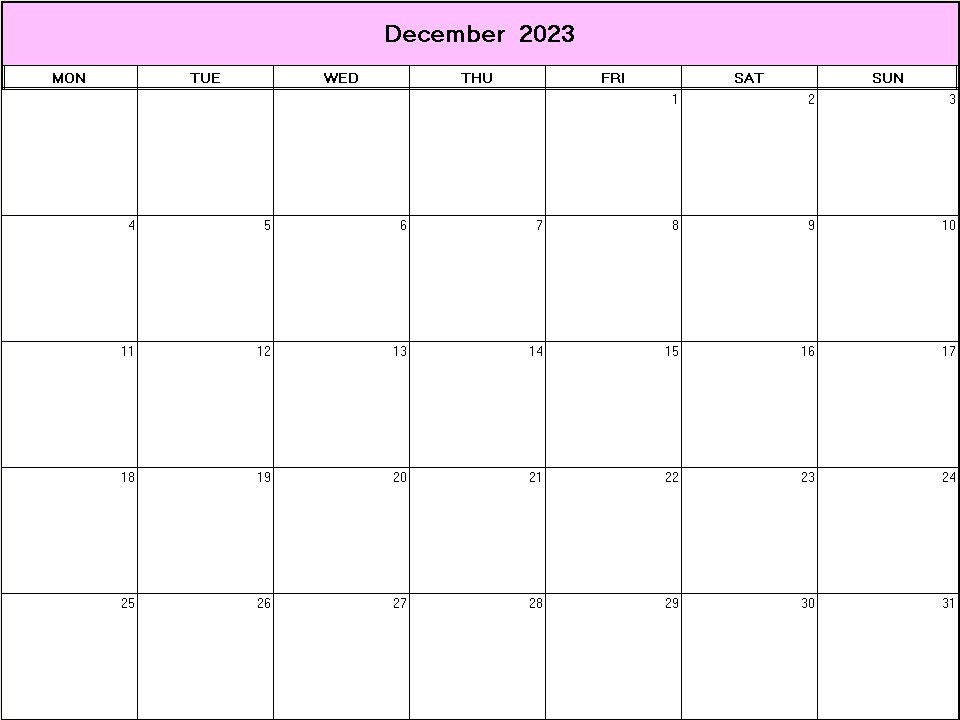 printable blank calendar image for December 2023
