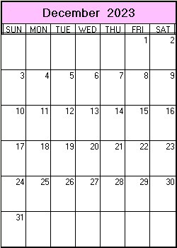 printable blank calendar image for December 2023