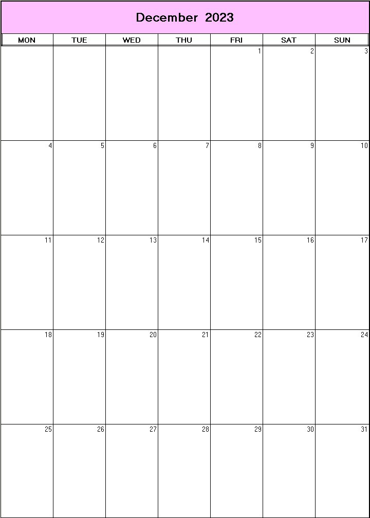 printable blank calendar image for December 2023
