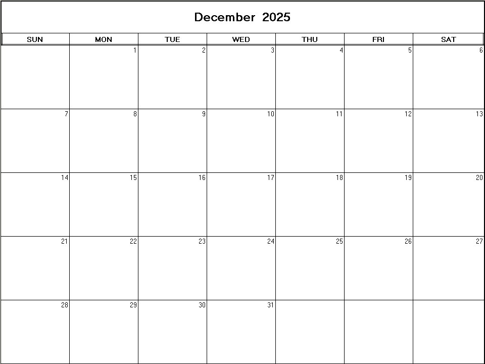 printable blank calendar image for December 2025