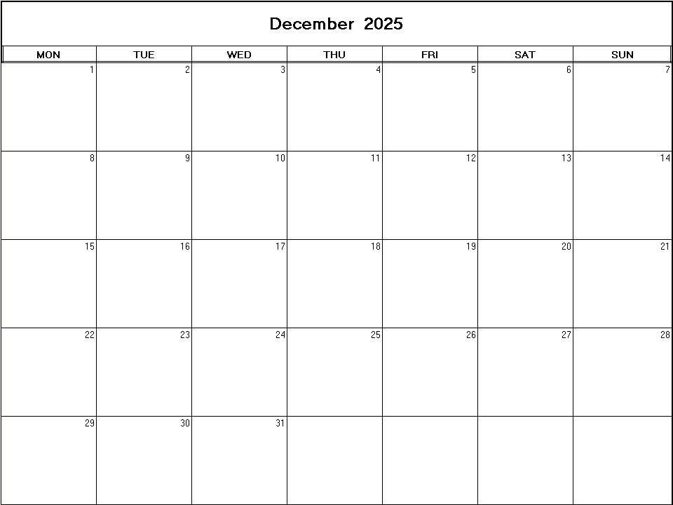 printable blank calendar image for December 2025