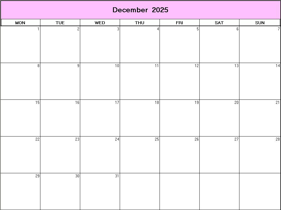 printable blank calendar image for December 2025