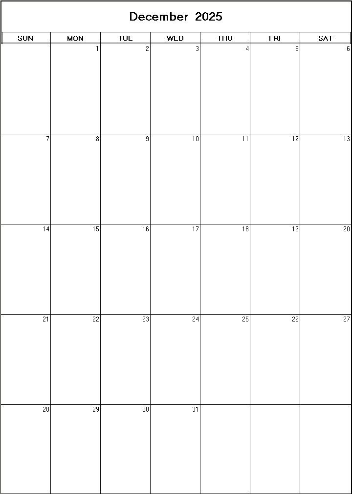 printable blank calendar image for December 2025