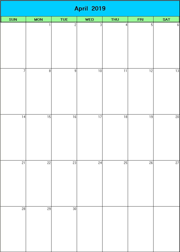 printable blank calendar image for Easter 2019