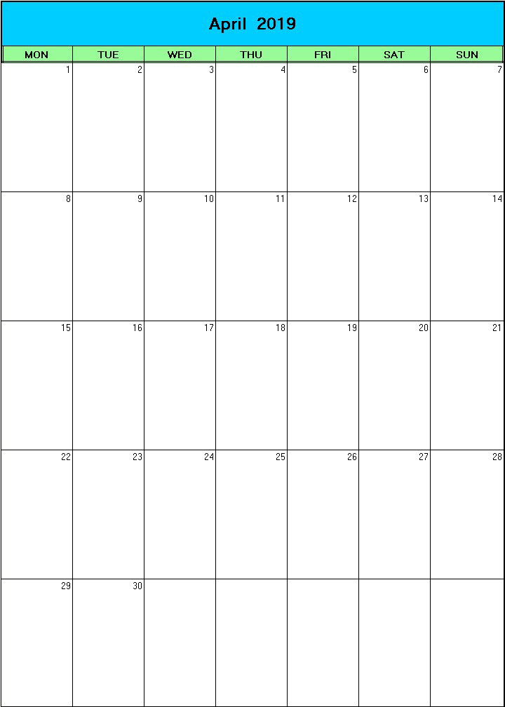 printable blank calendar image for Easter 2019
