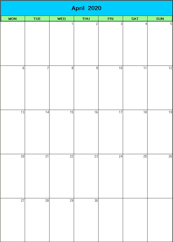 printable blank calendar image for Easter 2020