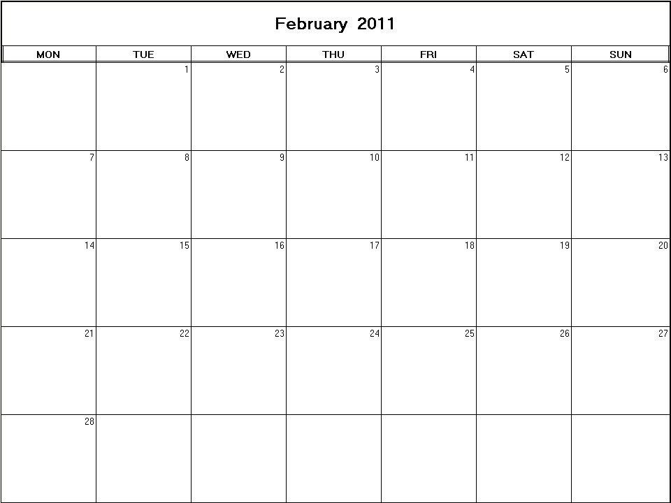 printable blank calendar image for February 2011