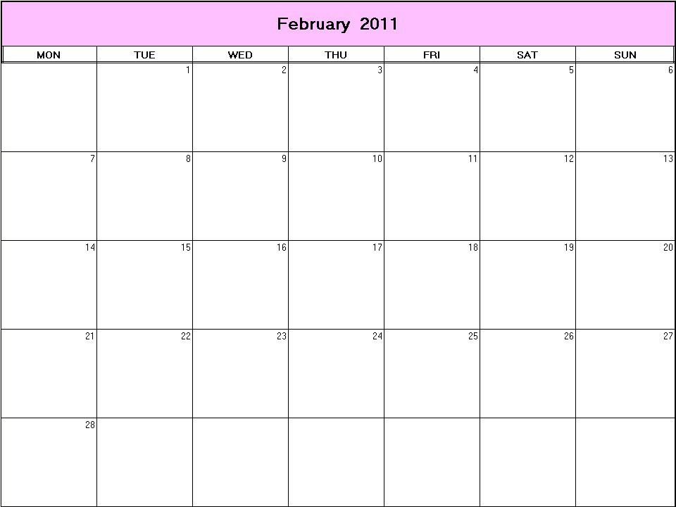 printable blank calendar image for February 2011