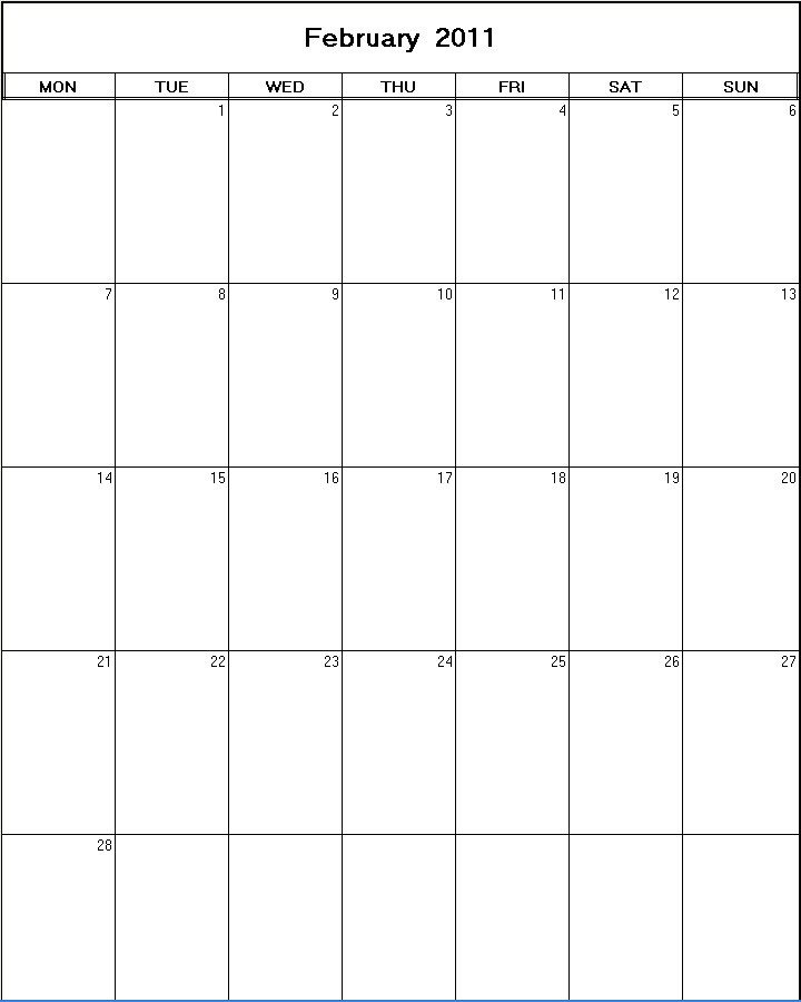 printable blank calendar image for February 2011