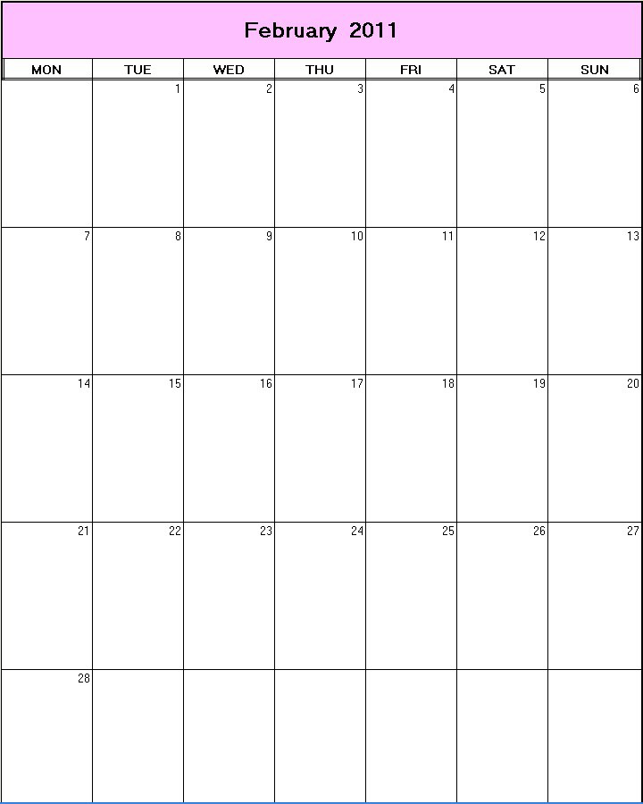 printable blank calendar image for February 2011