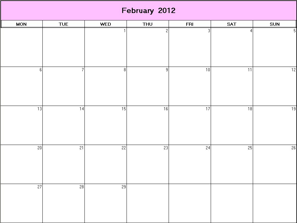 printable blank calendar image for February 2012