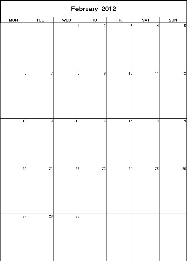 printable blank calendar image for February 2012