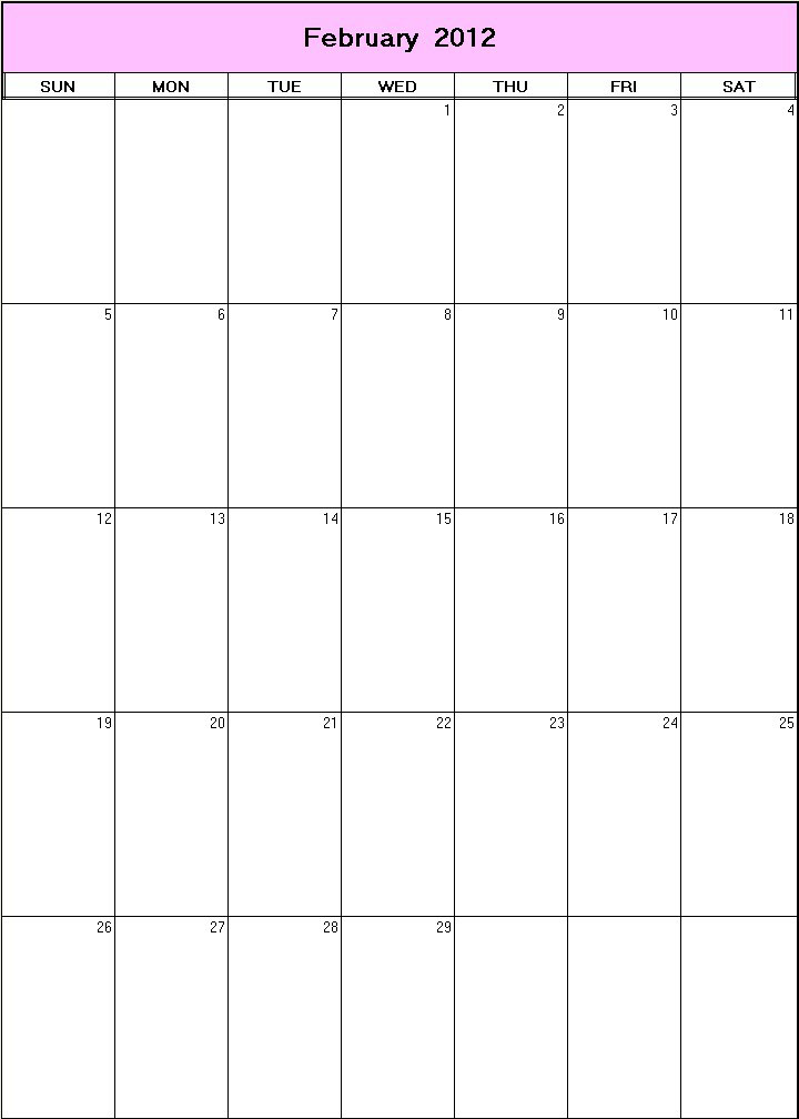 printable blank calendar image for February 2012