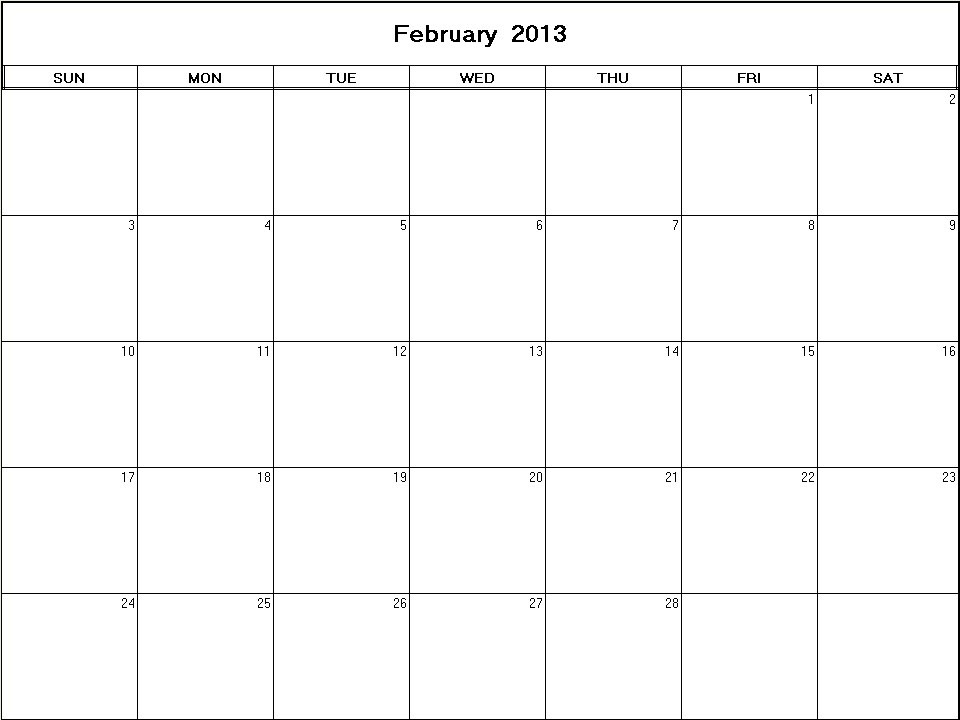 printable blank calendar image for February 2013