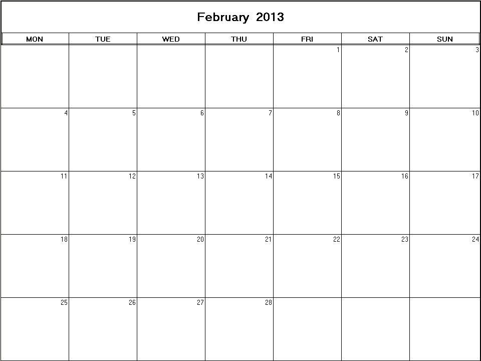 printable blank calendar image for February 2013