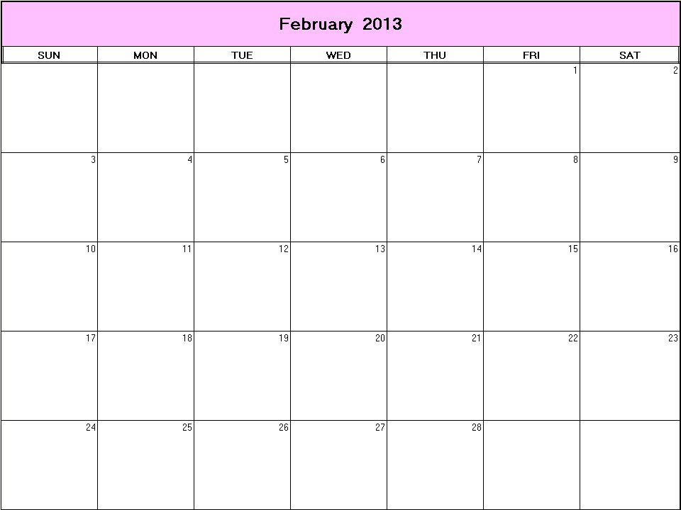 printable blank calendar image for February 2013