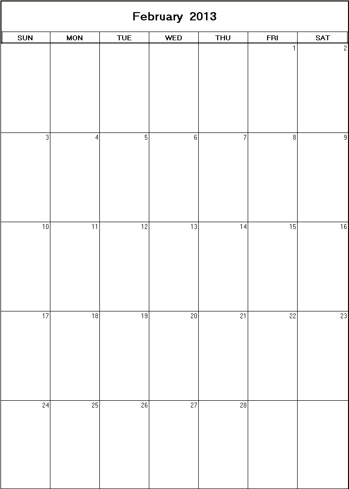 printable blank calendar image for February 2013