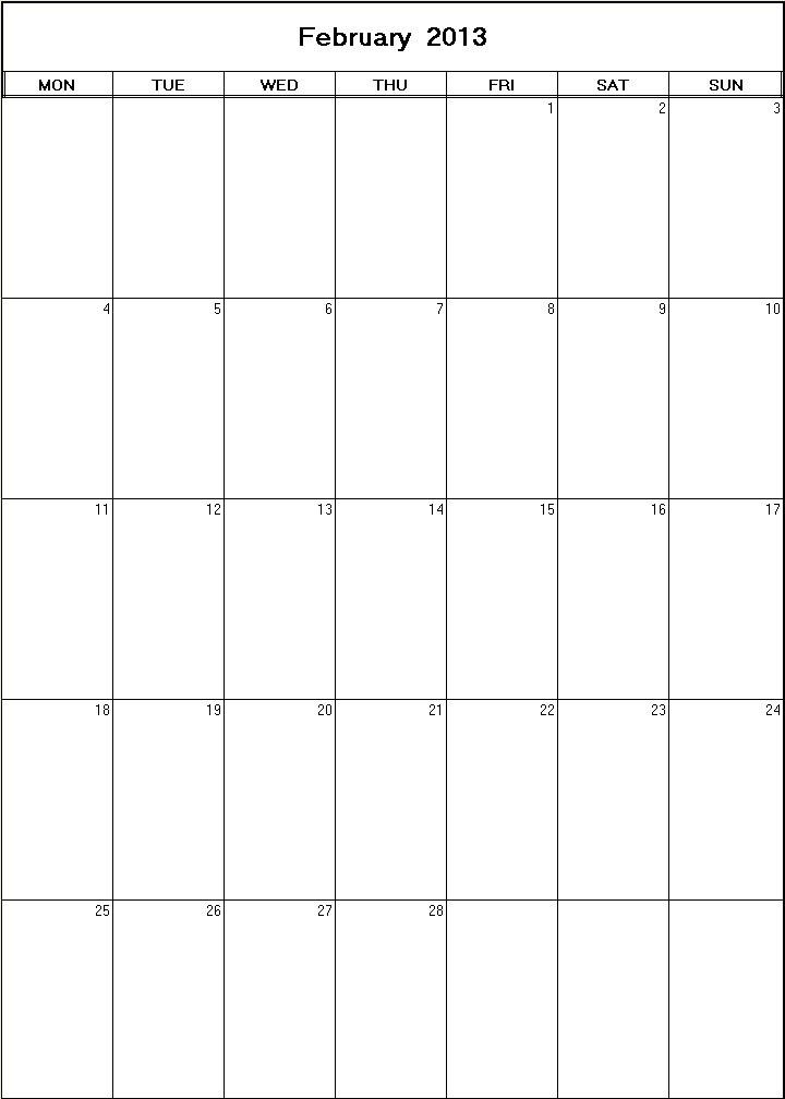 printable blank calendar image for February 2013