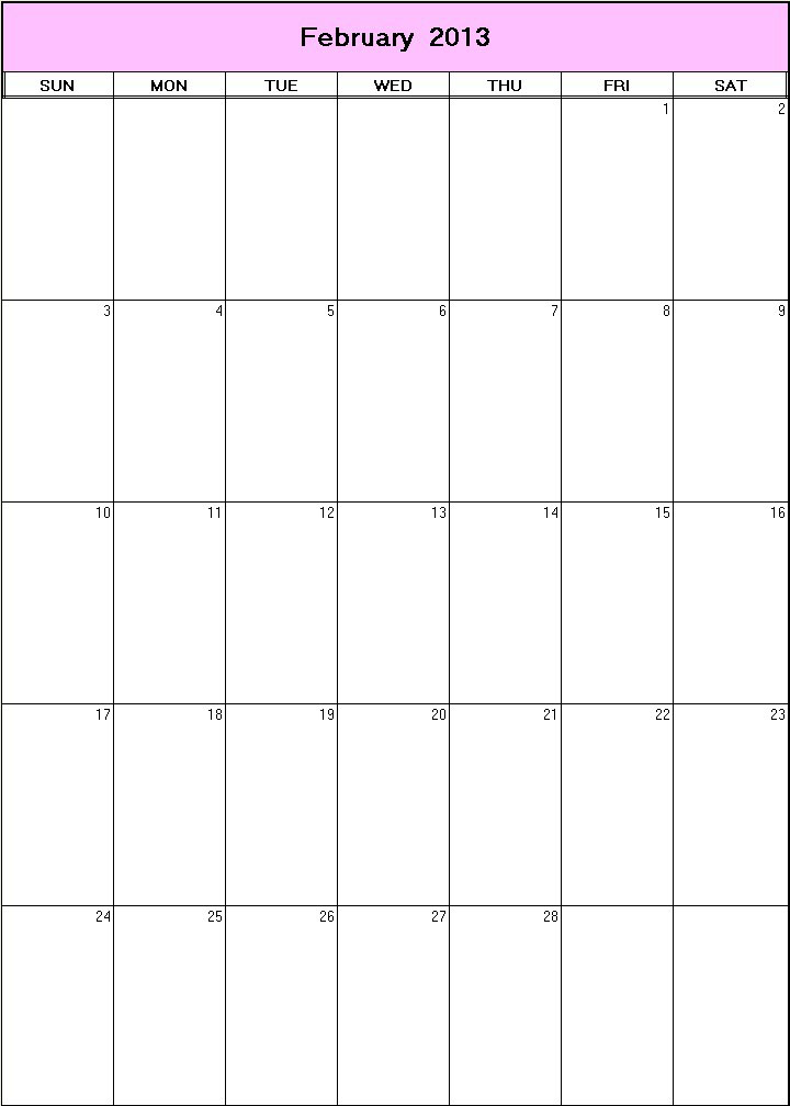printable blank calendar image for February 2013