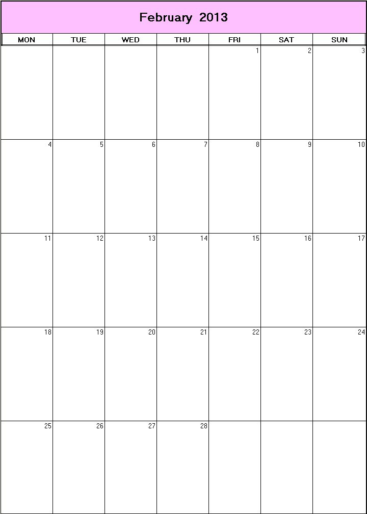 printable blank calendar image for February 2013