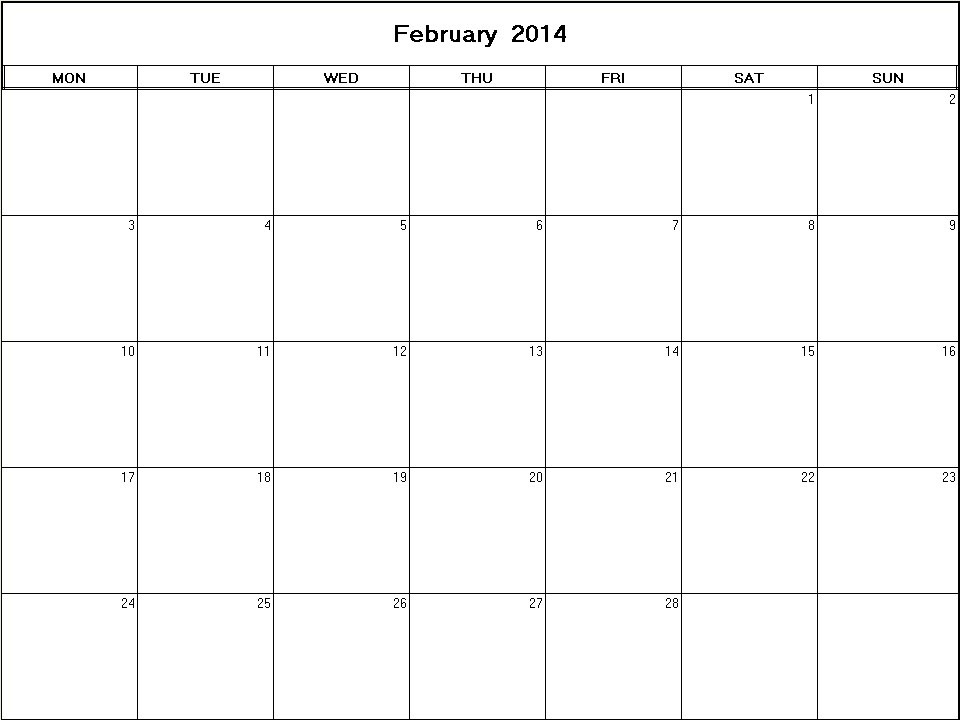 printable blank calendar image for February 2014