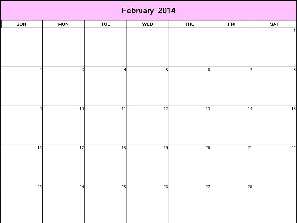 printable blank calendar image for February 2014