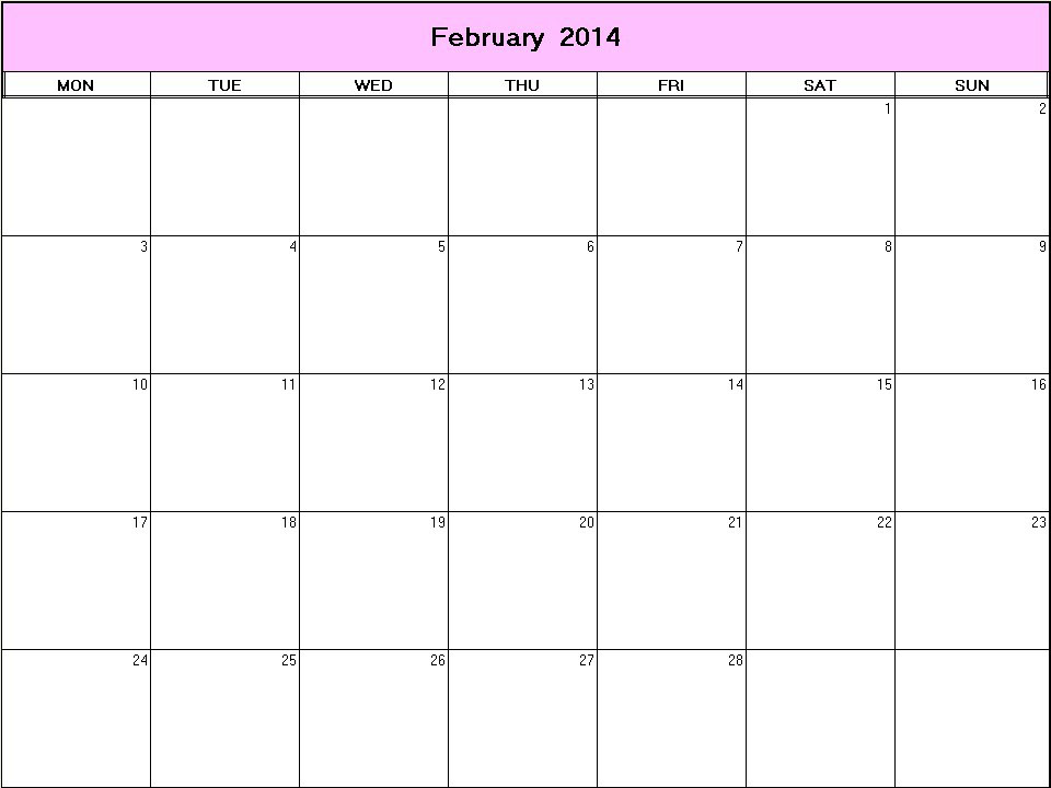 printable blank calendar image for February 2014