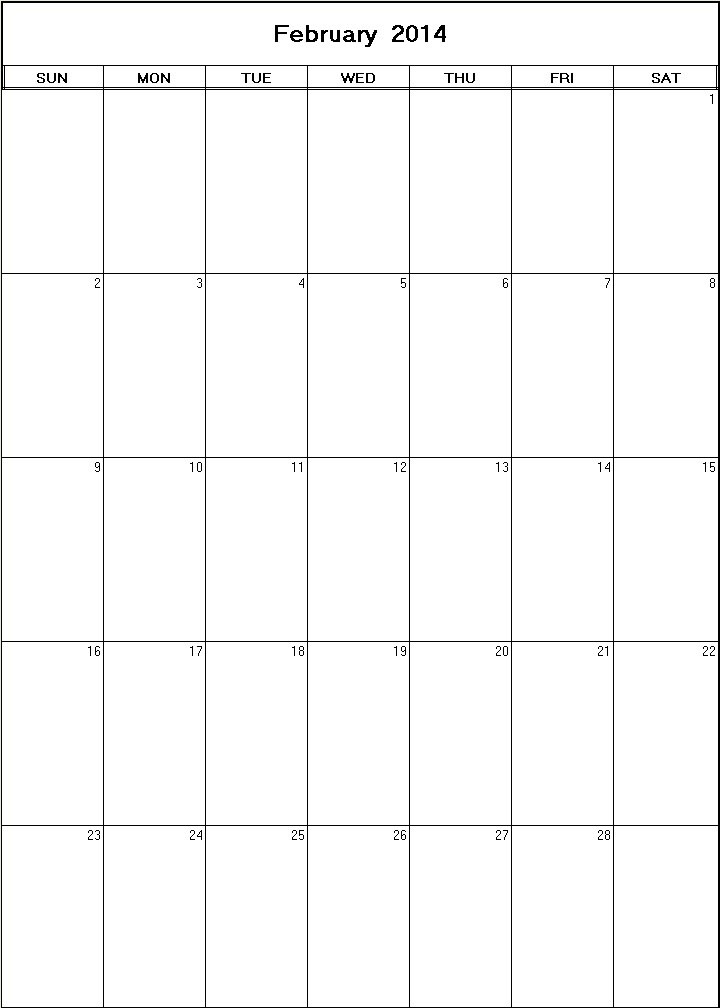 printable blank calendar image for February 2014