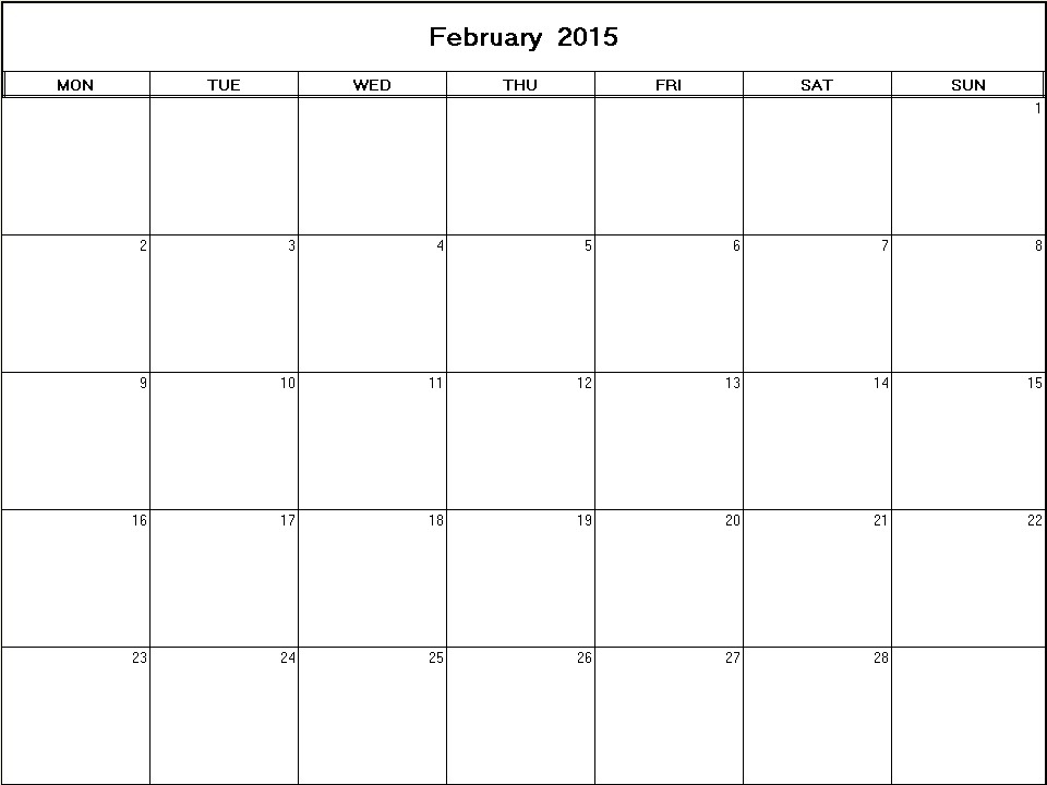 printable blank calendar image for February 2015