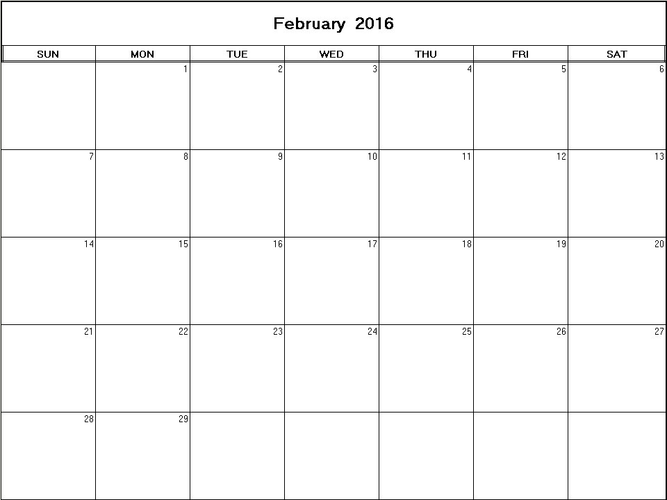 printable blank calendar image for February 2016