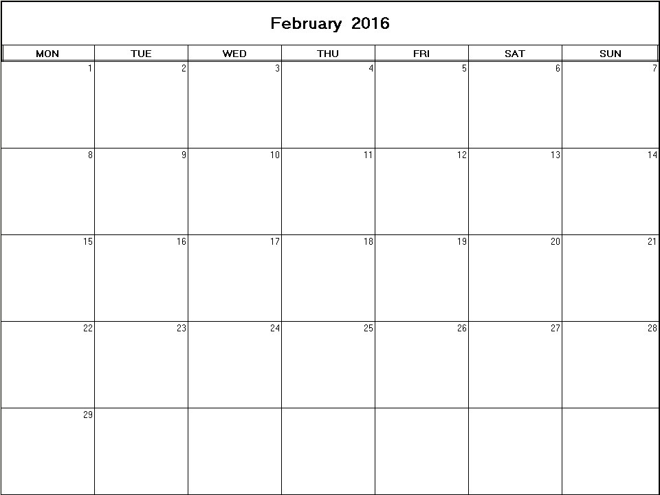 printable blank calendar image for February 2016