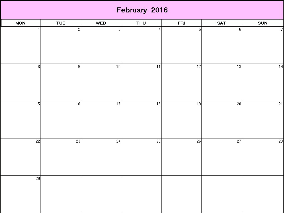 printable blank calendar image for February 2016