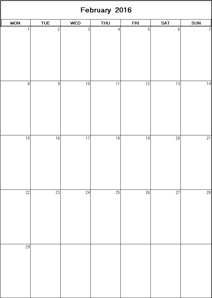 printable blank calendar image for February 2016