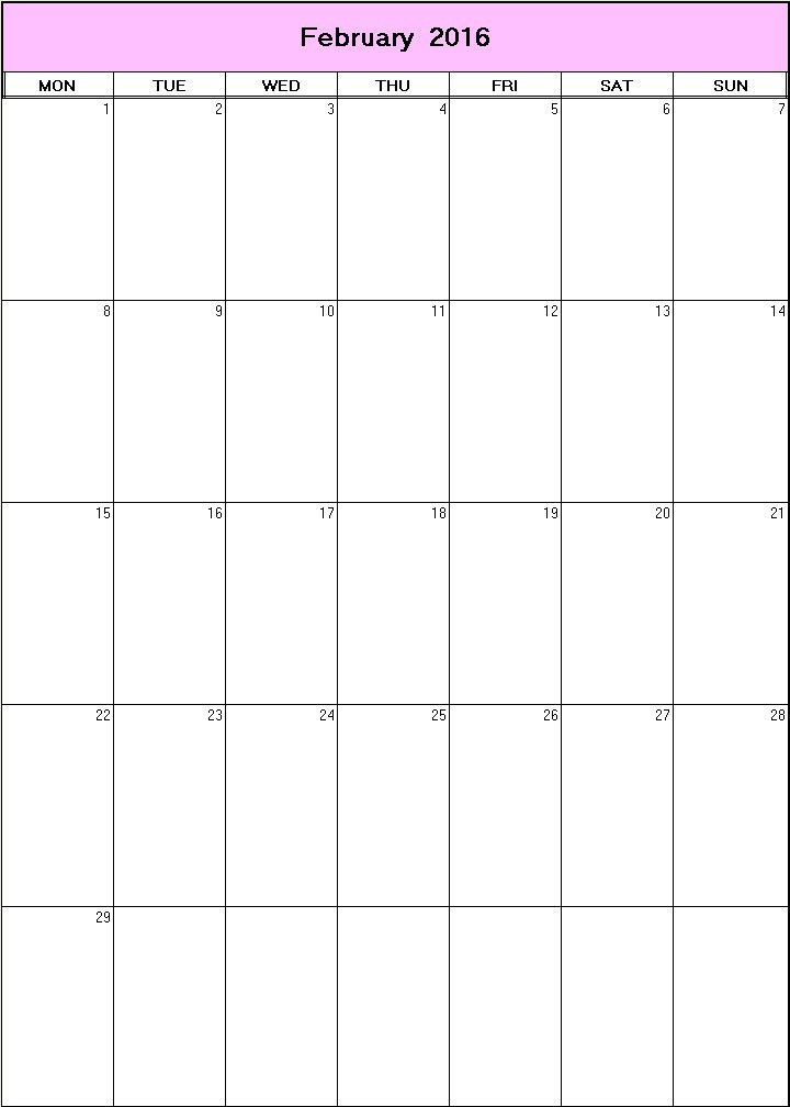 printable blank calendar image for February 2016