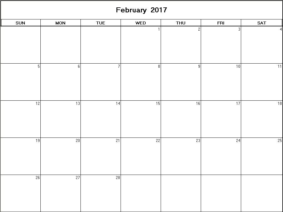 printable blank calendar image for February 2017